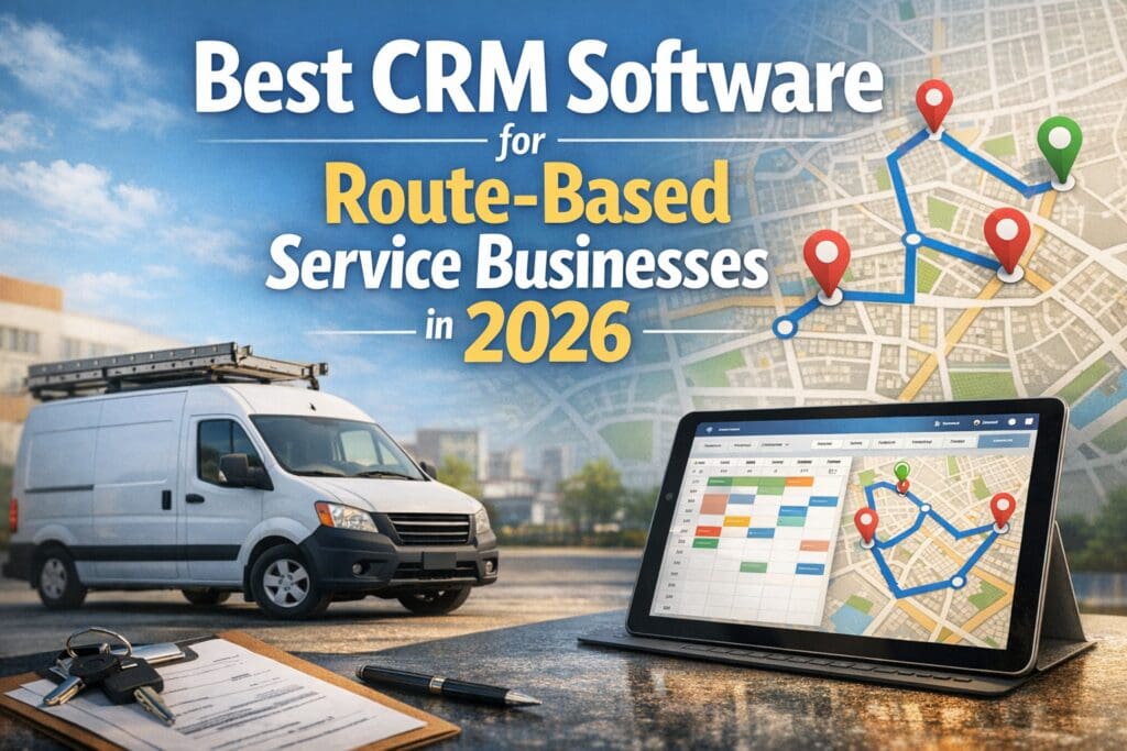Header image showing service van, route map, and CRM dashboard illustrating best CRM software for route-based service businesses in 2026