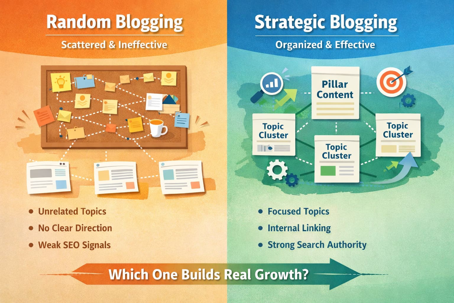 Infographic comparing blogging without a strategy versus strategic blogging, showing how topic clusters, internal linking, and focused content improve SEO authority and organic growth.